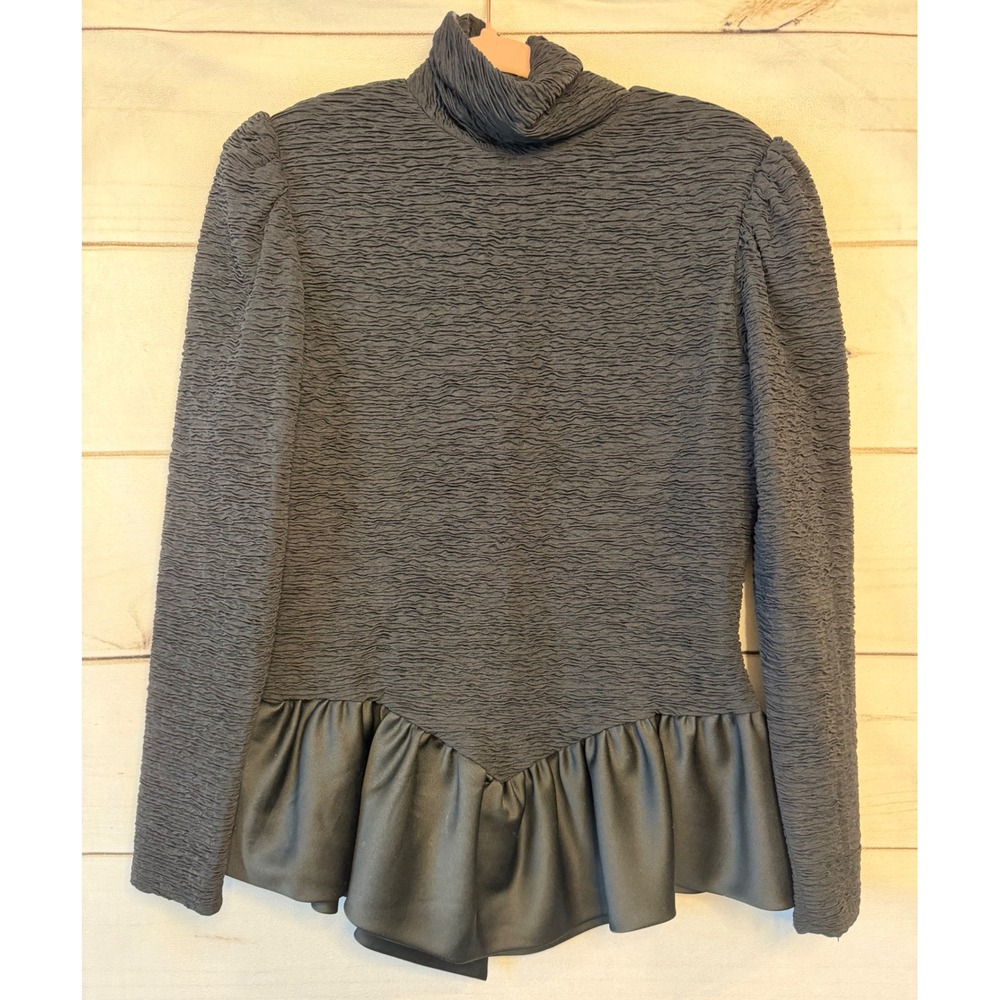 Vintage Pat Richards B Altman Black Textured Peplum Top Mock Neck Puffed Sleeve